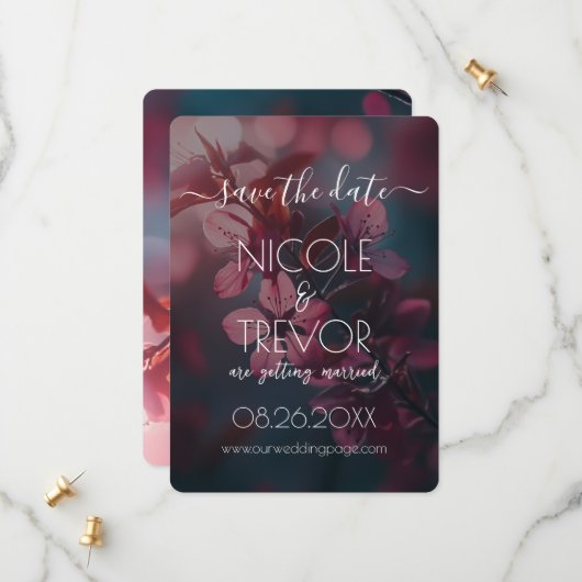 独自の作成 – ピンクの花咲く枝 セーブザデート (正面/裏面インサイチュ)