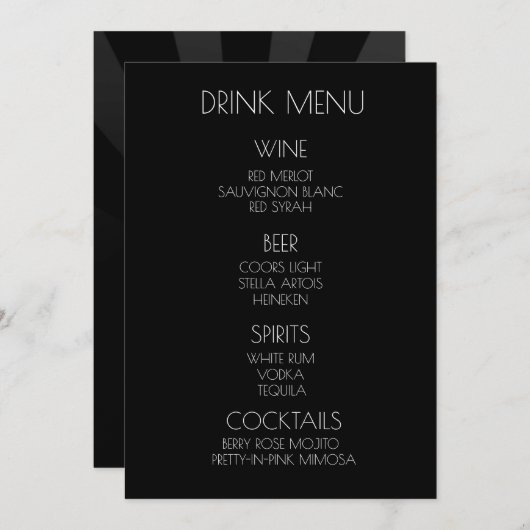 独自の作成 – ブラックミニマル日が差すことドリンク メニュー (正面/裏面)