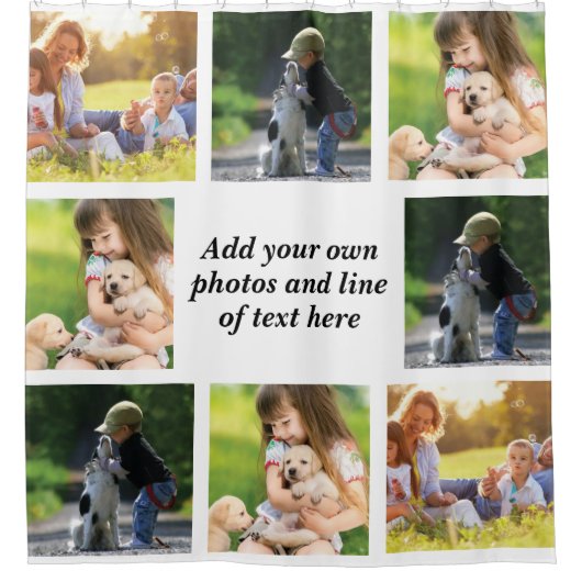 独自の写真のコラージュと文字を作成 シャワーカーテン (正面)