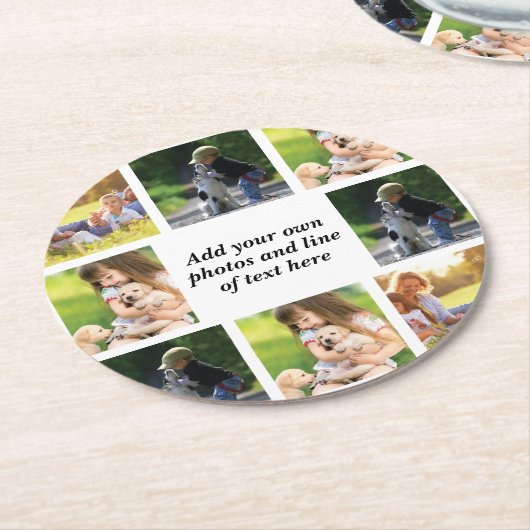 独自の写真のコラージュと文字を作成 ラウンドペーパーコースター (アングル)