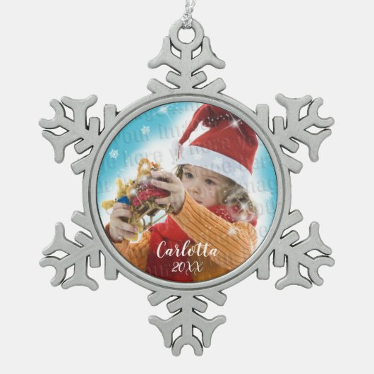 独自の写真日付オーナメントの作成 スノーフレークピューターオーナメント (正面)