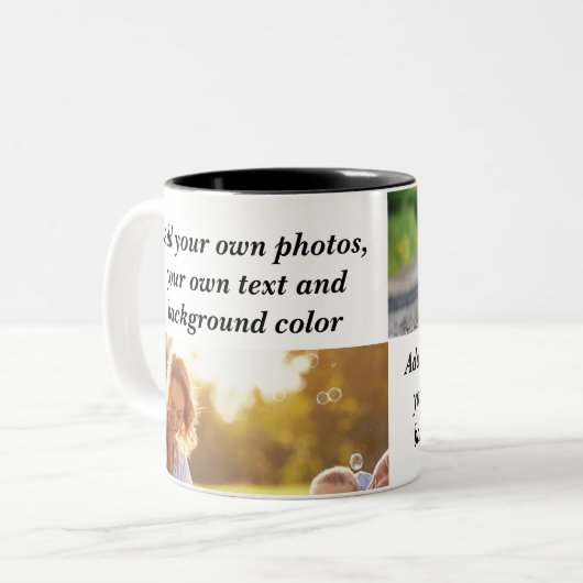 独自の写真、文字、背景の投げパイを追加する ツートーンマグカップ (正面左)