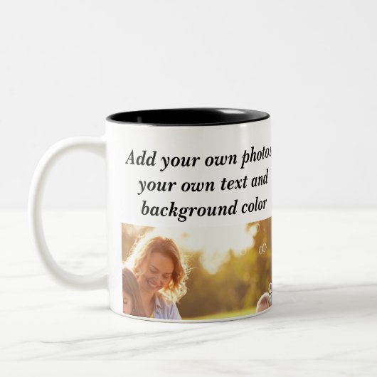 独自の写真、文字、背景の投げパイを追加する ツートーンマグカップ (左)