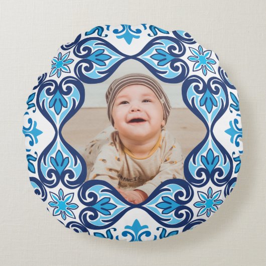 独自の写真、青と白のアズレホス ラウンドクッション (正面)