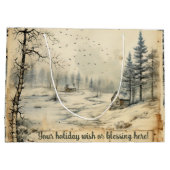 独自の冬のヴィンテージ風景を作成 ラージペーパーバッグ (裏面)