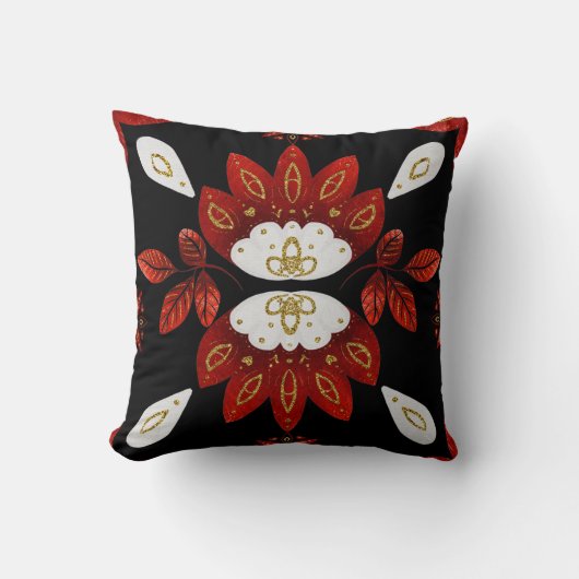 独自の北欧の赤と金ゴールドフォークアートの花を作成 クッション (正面)