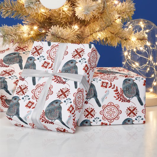 独自の北欧の青い鳥と雪のかけらを作成 ラッピングペーパー (クリスマス)