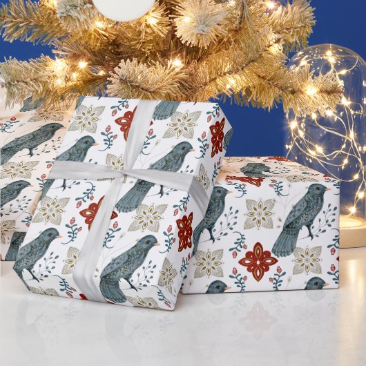 独自の北欧の青い鳥を作成 ラッピングペーパー (クリスマス)