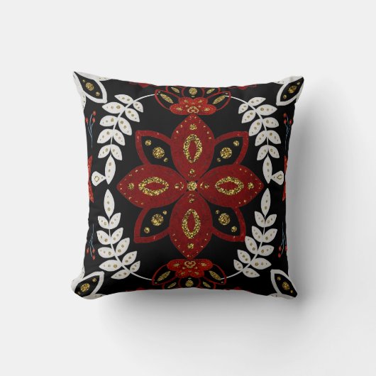 独自の北欧レッドおよび金ゴールドフローラモチーフの作成 クッション (正面)