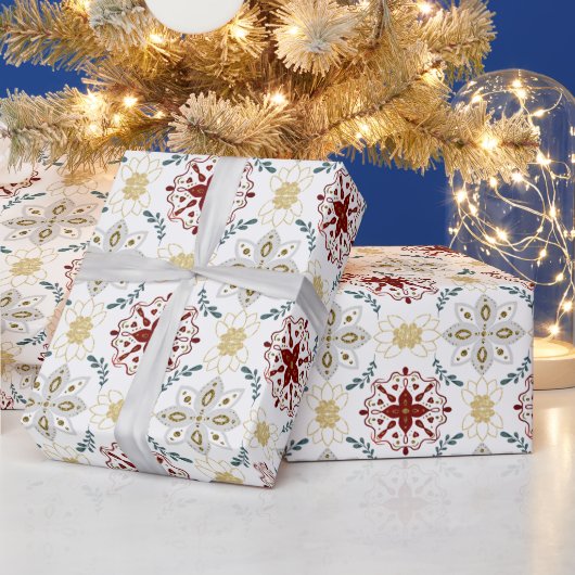 独自の北欧赤青金ゴールドフローラモチーフの作成 ラッピングペーパー (クリスマス)