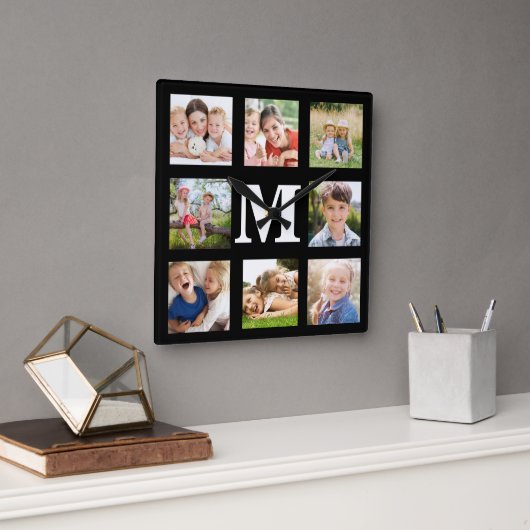 独自の家族を作成8フォトコラージブラックスクウェア スクエア壁時計 (オフィス)