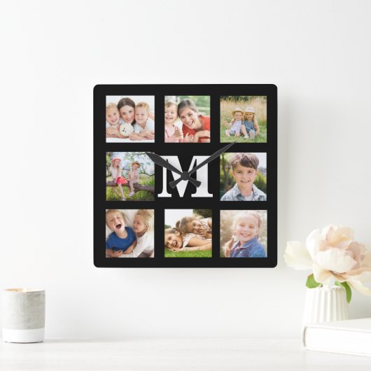 独自の家族を作成8フォトコラージブラックスクウェア スクエア壁時計 (ホーム)