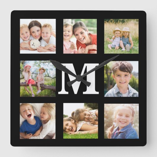 独自の家族を作成8フォトコラージブラックスクウェア スクエア壁時計 (正面)