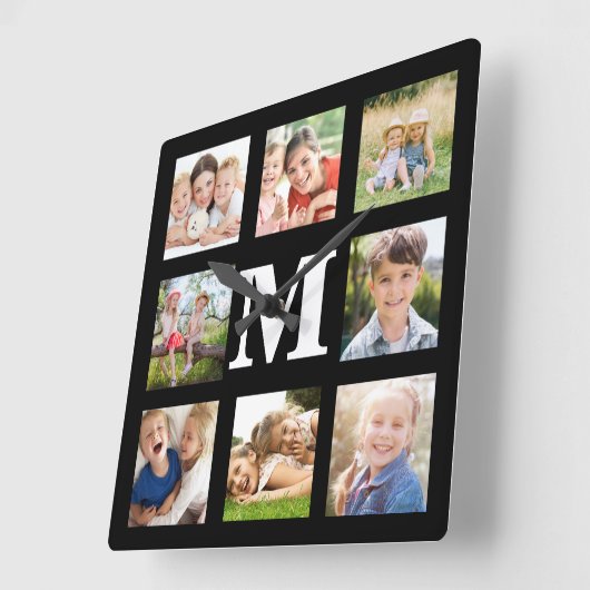 独自の家族を作成8フォトコラージブラックスクウェア スクエア壁時計 (傾斜)