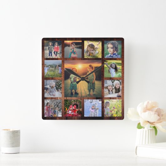 独自の家族写真コラージュ素朴な木材を作成 スクエア壁時計 (ホーム)