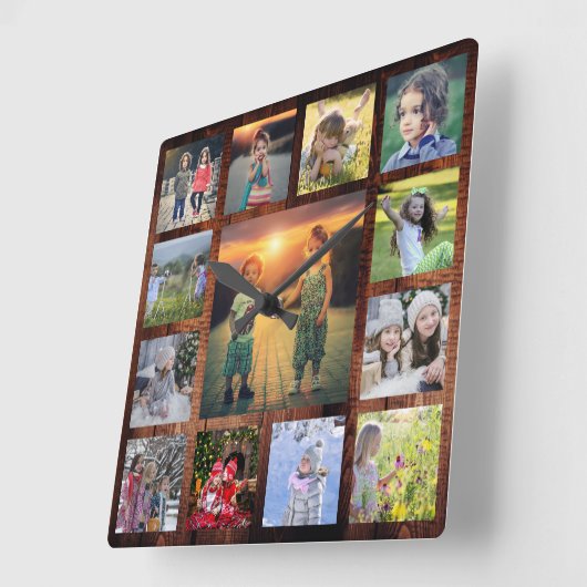 独自の家族写真コラージュ素朴な木材を作成 スクエア壁時計 (傾斜)