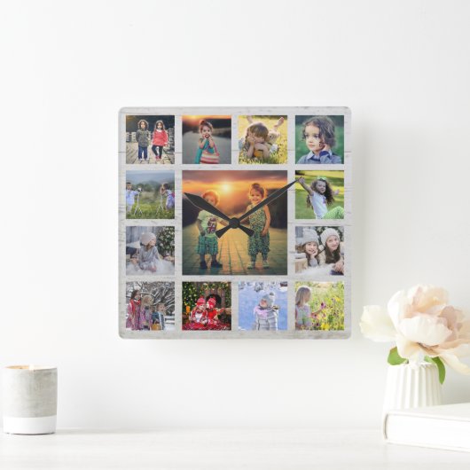 独自の家族写真コラージュ素朴な木材sを作成 スクエア壁時計 (ホーム)