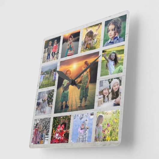 独自の家族写真コラージュ素朴な木材sを作成 スクエア壁時計 (傾斜)