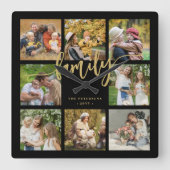 独自の家族写真コラージュ金ゴールドスクリプトの作成 スクエア壁時計 (正面)