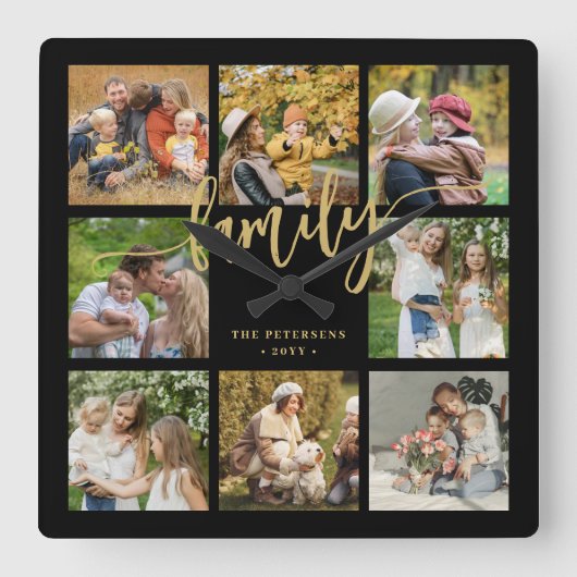 独自の家族写真コラージュ金ゴールドスクリプトの作成 スクエア壁時計 (正面)