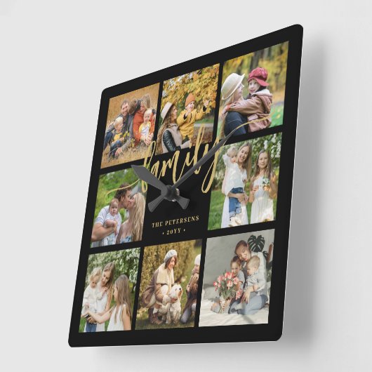 独自の家族写真コラージュ金ゴールドスクリプトの作成 スクエア壁時計 (傾斜)