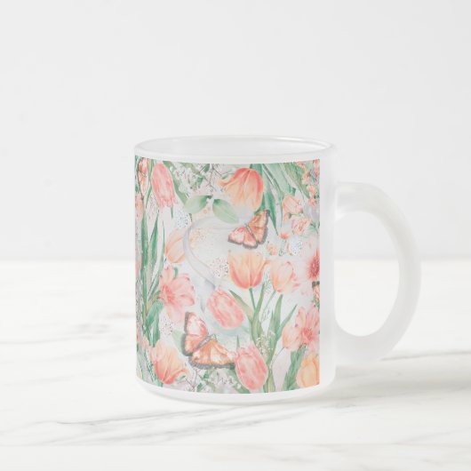 独自の春の花と蝶を作成 フロストグラスマグカップ (右)