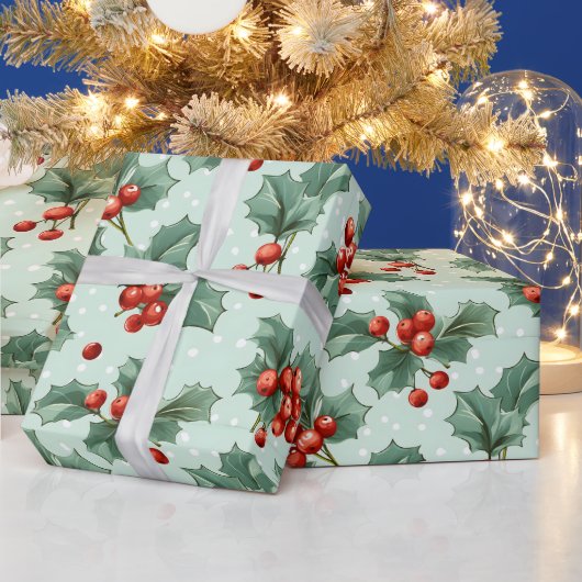 独自の水玉模様と赤いホリーグリーンを作成 ラッピングペーパー (クリスマス)
