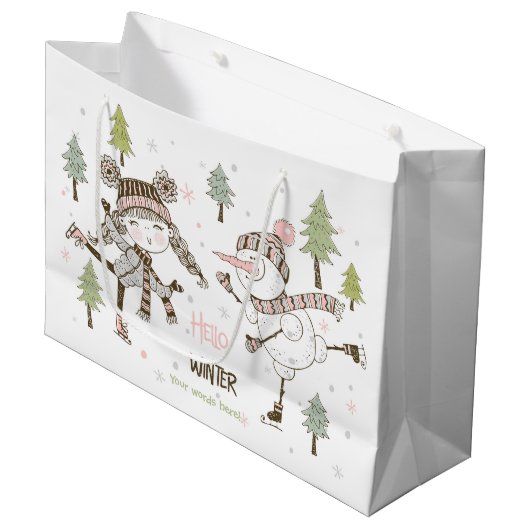 独自の氷の作成スケートで滑る冬の友だち ラージペーパーバッグ (正面アングル)