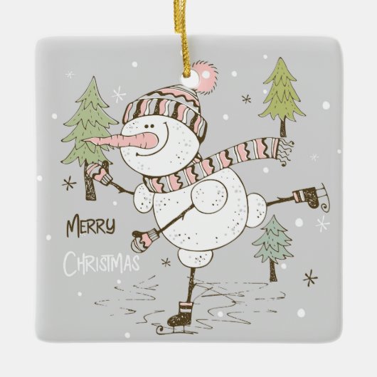 独自の氷の作成スケートで滑る冬雪だるま セラミックオーナメント (正面)