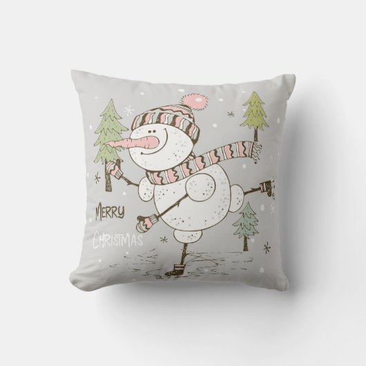 独自の氷の作成スケートで滑る雪だるまクリスマス クッション (正面)