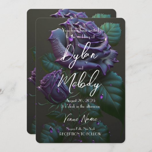 独自の深いを作カスタム成する紫のバラ 招待状 (正面/裏面)