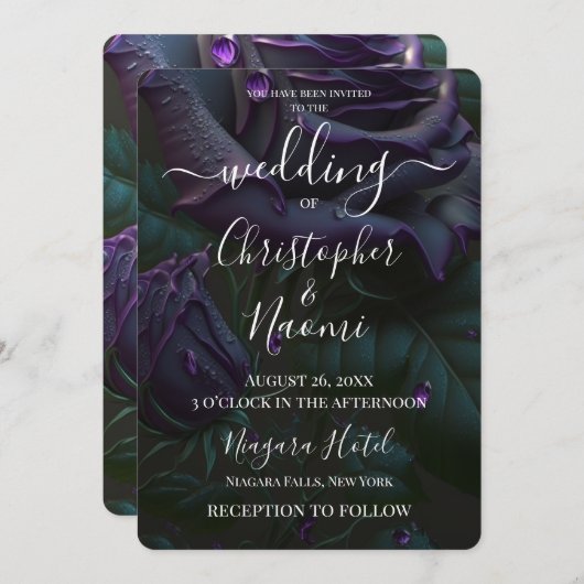 独自の深いパープルバラクローズアップの作成 招待状 (正面/裏面)