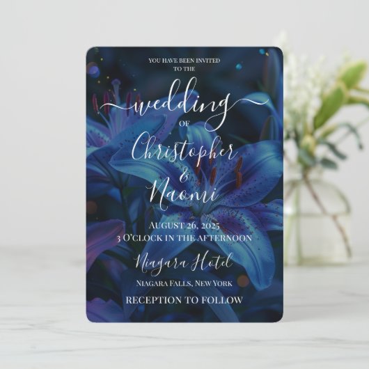 独自の深いブルーリリーの結婚作成 招待状 (スタンド正面)