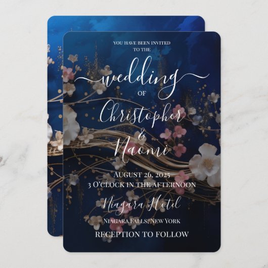 独自の深い青い散在する花を作成 招待状 (正面/裏面)