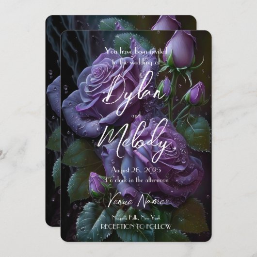 独自の濃い紫カスタマイズのバラの作成 招待状 (正面/裏面)