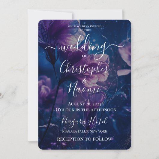 独自の濃い青と紫の花の結婚作成 招待状 (正面)