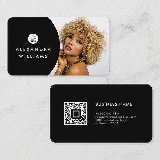 独自の画像を追加するQRコードとロゴブラックモダン 名刺 (正面/裏面)