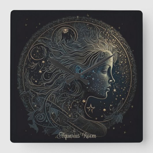 独自の神秘的なアクエリアス〔占星術の〕十二宮図を作成 スクエア壁時計 (正面)