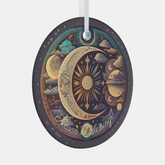 独自の神秘的な三日月と惑星を作成 ガラスオーナメント (正面右)