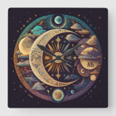 独自の神秘的な三日月と惑星を作成 スクエア壁時計 (正面)
