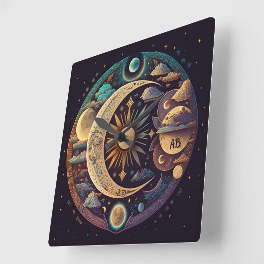 独自の神秘的な三日月と惑星を作成 スクエア壁時計 (傾斜)