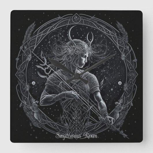 独自の神秘的な星占い射手座の作成 スクエア壁時計 (正面)