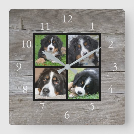 独自の素朴な木の家族の写真のコラージュを作成 スクエア壁時計 (正面)