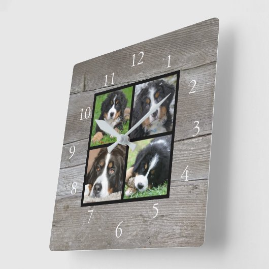 独自の素朴な木の家族の写真のコラージュを作成 スクエア壁時計 (傾斜)