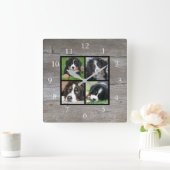 独自の素朴な木の家族の写真のコラージュを作成 スクエア壁時計 (ホーム)