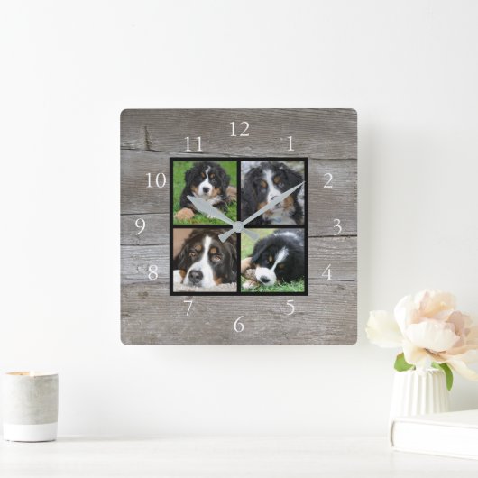 独自の素朴な木の家族の写真のコラージュを作成 スクエア壁時計 (ホーム)