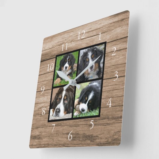 独自の素朴な木の家族の写真のコラージュを作成 スクエア壁時計 (傾斜)