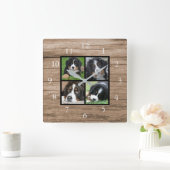 独自の素朴な木の家族の写真のコラージュを作成 スクエア壁時計 (ホーム)