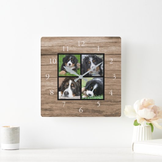 独自の素朴な木の家族の写真のコラージュを作成 スクエア壁時計 (ホーム)