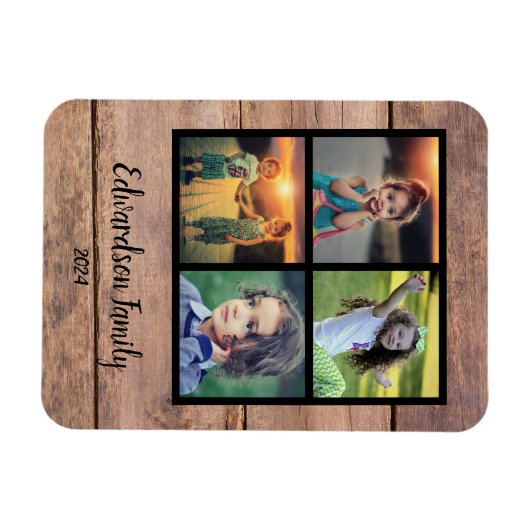独自の素朴な木の家族の写真のコラージュを作成 マグネット (横)